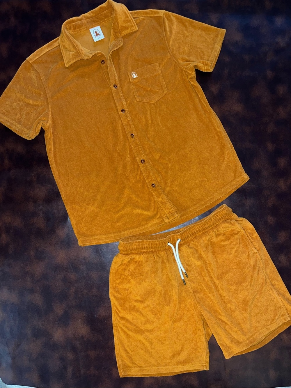 DandyDel Mar Logo The Terry Cloth Shirt & Shorts Set Mens Burnt Sienna EUC Med